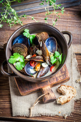 Tasty mussels with garlic and red peppers