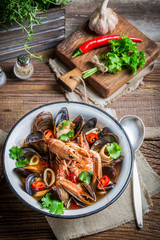 Seafood soup with mussels and langoustines