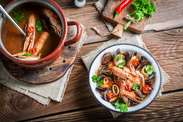 Seafood soup with shrimps and mussels
