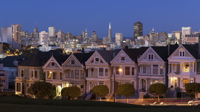 4K Time lapse zoom out Painted Ladies San Francisco sunset