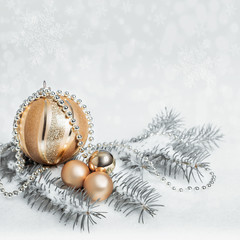 Fototapeta na wymiar Golden Christmas decorations, text space