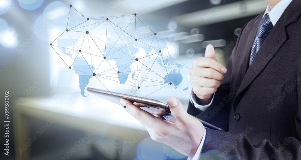 Poster double exposure of businessman working with new modern computer