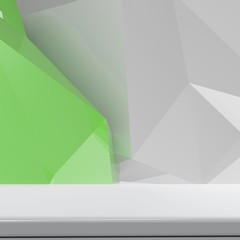 Obraz premium Empty laminate shelf on laminate table and low poly geometric ba