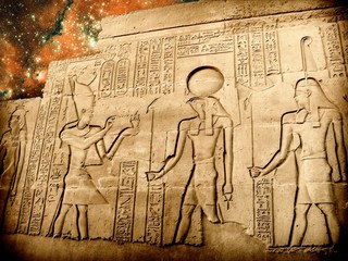Bas-relief of Sobek temple at Kom-Ombo and small Magellanic Clou