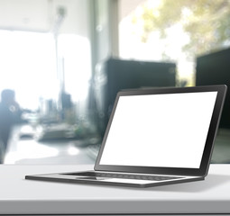 3d Laptop with blank screen on laminate table and blurred backgr