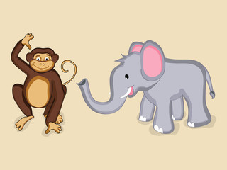 Cute cartoon of a smiling monkey and elephant characters.