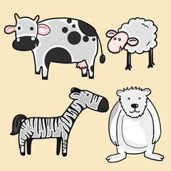 Set of animal characters like cow, sheep, zebra and bear.
