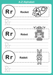 Alphabet a-z exercise with cartoon vocabulary for coloring book