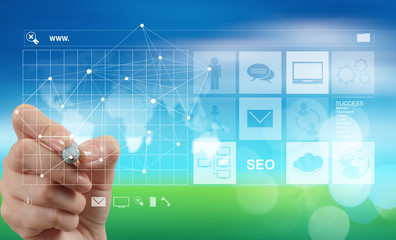 double exposure of businessman hand working with blank net work