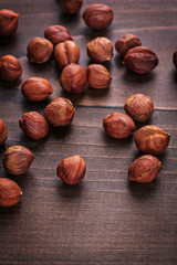 kernels of hazelnut on vintage wooden board food and drink conce