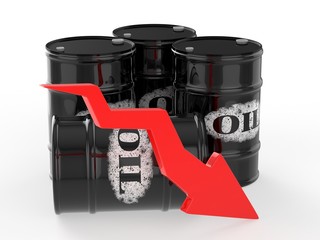 Oil Barrels with Red Arrow down. Financial crisis