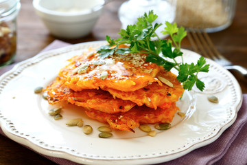 Pumpkin pancakes on the plate