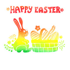 Easter card.Watercolor stamps,rabbit,egg in basket