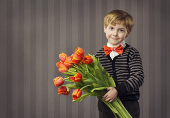 Little Child Boy Giving Flowers Bouquet, Handsome Kid Greeting