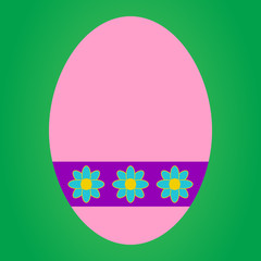 Pink easter egg with blue flower in violet tag on green backgrou