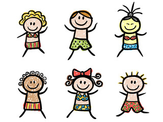 Set: 6 glückliche Mädchen und Jungen in Bikini und Badehose