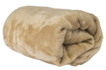 Fluffy, brown blanket rolled on a white background