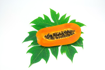 Haft cut papaya fruit and papaya leaf