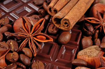 Coffee, chocolate, star anise, cinnamon sticks and hazelnuts