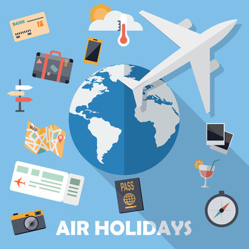Flat design icons, air holidays background