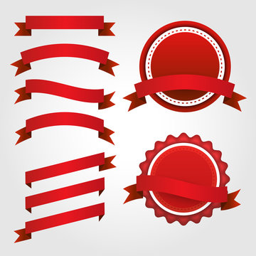 Set of red paper ribbons, labels and badges