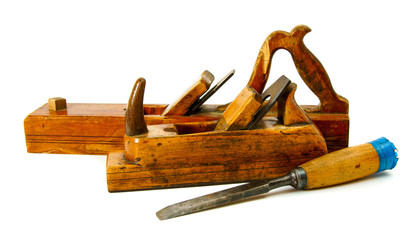 Vintage working tools on white background.