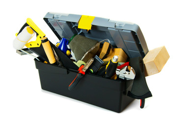 Many working tools in the box on white background.