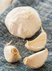 garlic on blue napkin