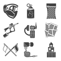 Paintball equipment black vector icons