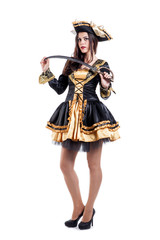 Woman in carnival costume. Pirate shape. Isolated on white