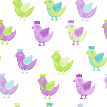 watercolor seamless pattern with bird chicken