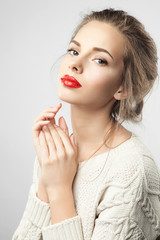 Fototapeta premium Portrait of woman with red lips and perfect skin