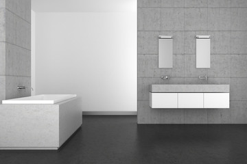 modern bathroom with concrete wall and dark floor