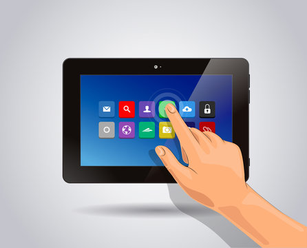Realistic tablet Isolated with apps icons and touch hand.