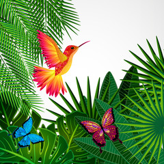 Tropical leaves with birds, butterflies.