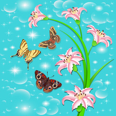 Naklejka na ściany i meble background with butterflies and flowers pink lilies