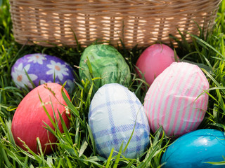 easter egg on grass, basket background