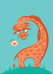 Веселый жираф с цветком и сердечками