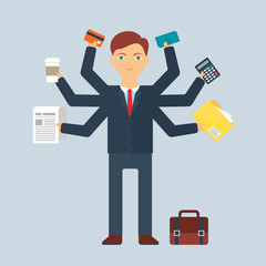 Multitasking character: businessman. Flat style, vector illustra