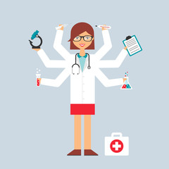 Multitasking character: doctor. Flat style, vector illustration