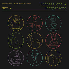 Professions and occupations outline icon set. Veterinary, work w