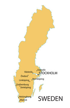 yellow map of Sweden with indication of largest cities