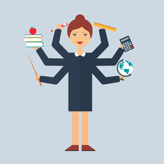 Multitasking character: teacher. Flat style, vector illustration