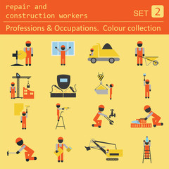 Professions and occupations coloured icon set. Repair and constr