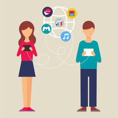 Illustration of a woman and a man using tablet. Flat design styl