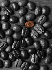 Coffee crop beans on wood texture background