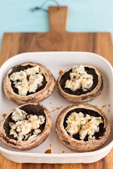 Portobello Mushrooms stuffed with blue cheese and drizzle of han