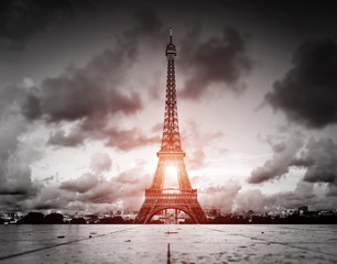 Effel Tower, Paris, France. Black and white with red sun light