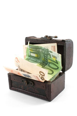 Euro bills in small chest