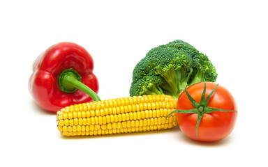 corn, broccoli, sweet pepper and tomato isolated on white backgr